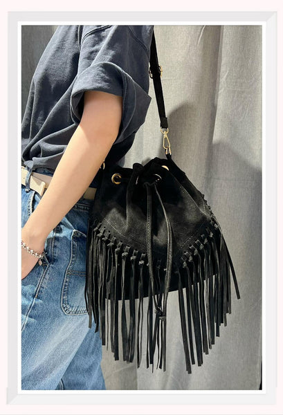 Suede Leather Fringed Bucket Bag | Black