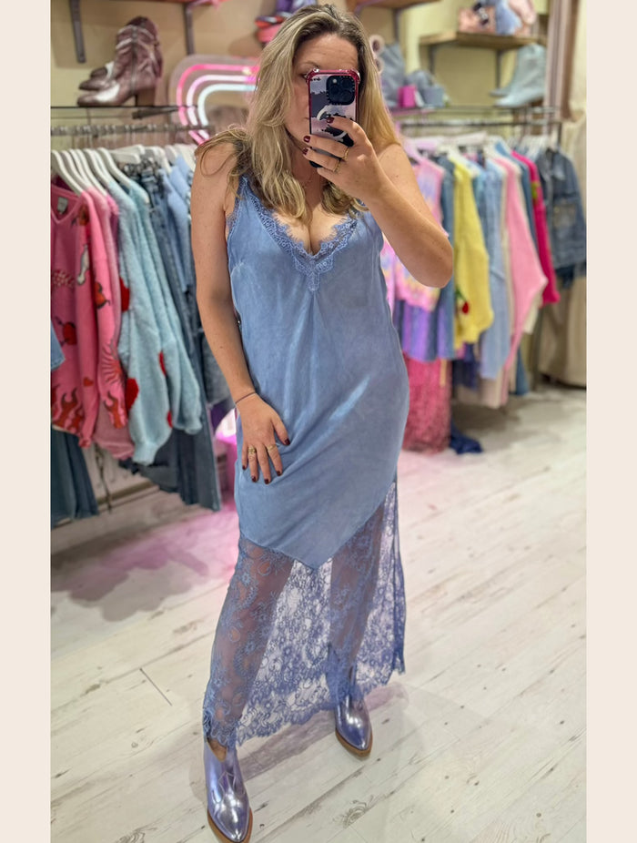 Satin Lace Detail Slip Dress | Pastel Blue