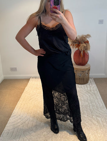 Lace Detail Satin Maxi Skirt | Black