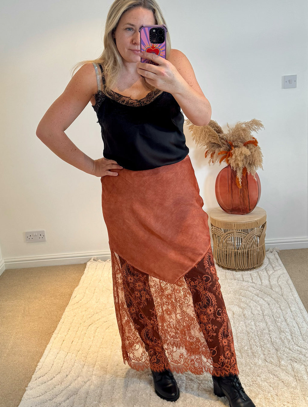 Lace Detail Satin Maxi Skirt | Burnt Orange