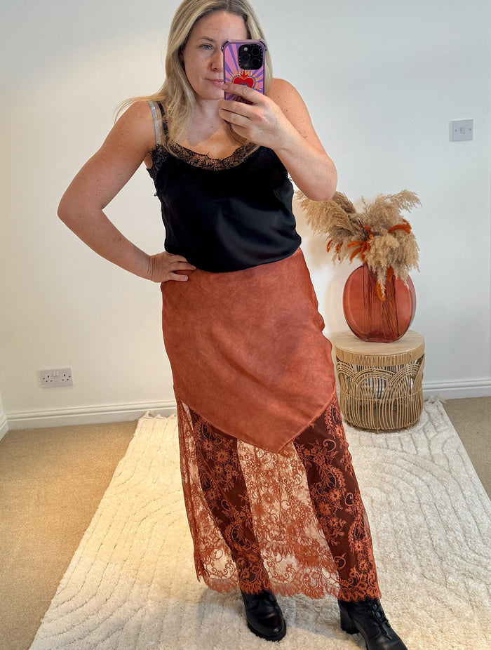 Lace Detail Satin Maxi Skirt | Burnt Orange
