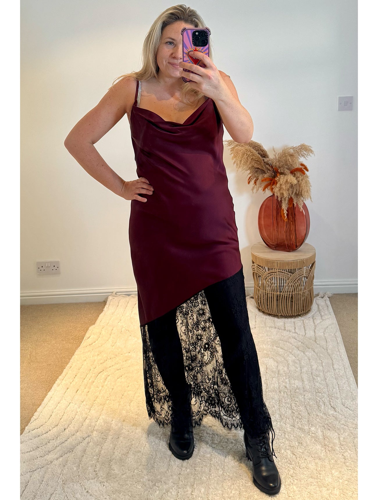 Satin and Lace Slip Maxi Dress | Deep Wine/Black