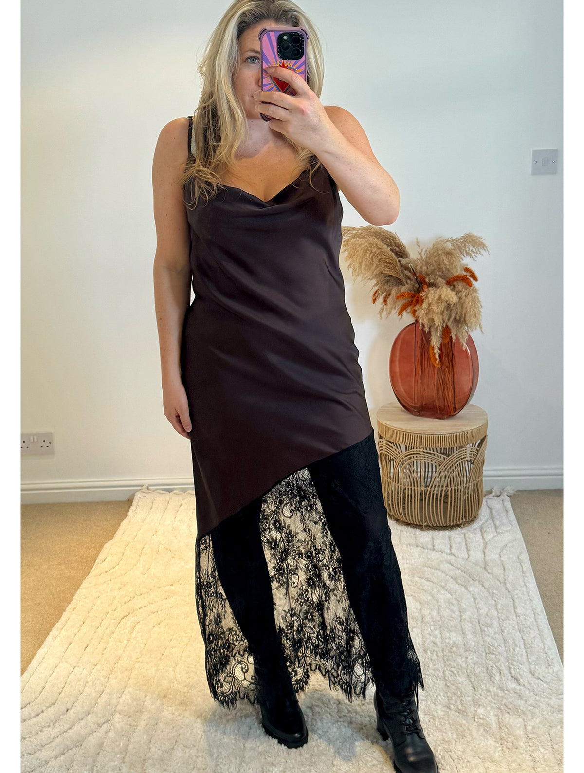 Satin and Lace Slip Maxi Dress | Chocolate/Black