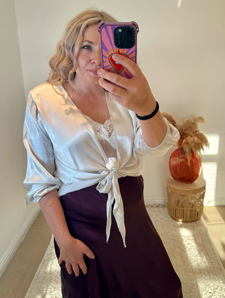 Satin Tie Cardigan | Oyster