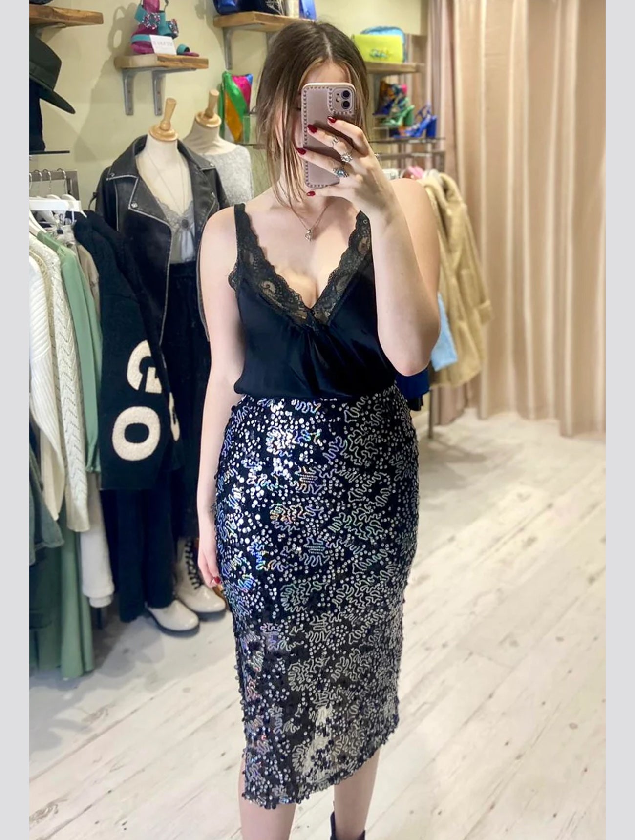 Sofia Sequin Stretch Pencil Skirt Black Silver Pink Flamingo Boutique Kent