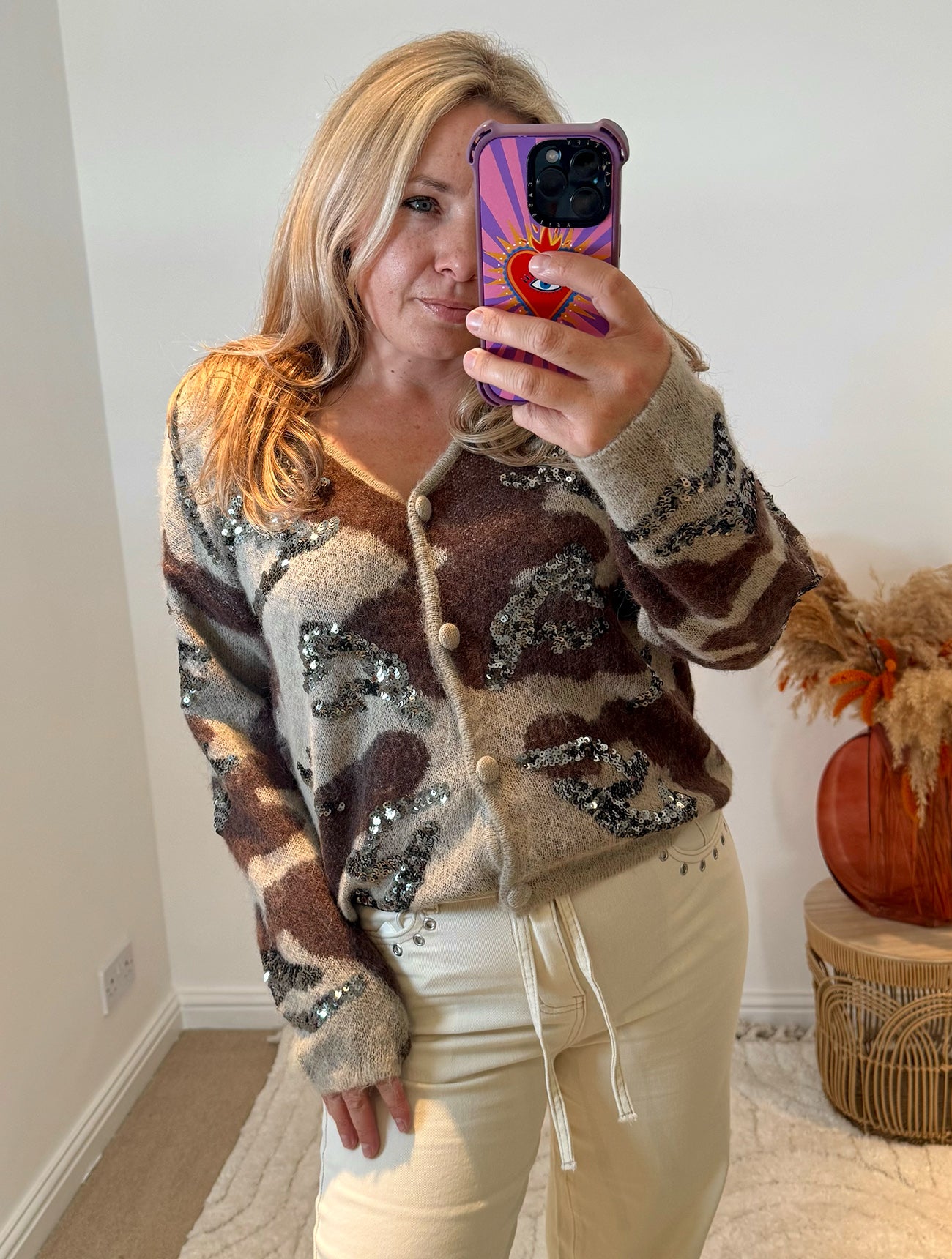 Sequin Detail Camo Design Cardigan | Brown Multi