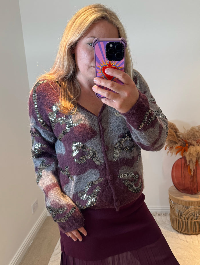 Sequin Detail Camo Design Cardigan | Purple Multi