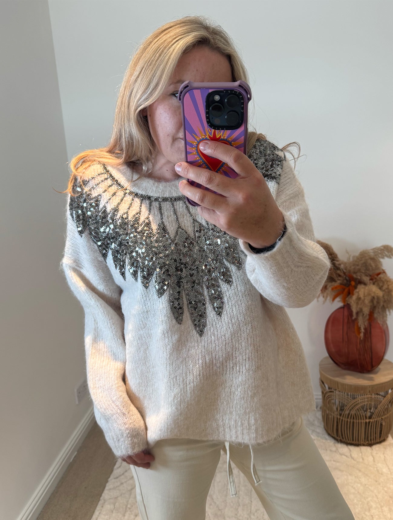 Sequin Feather Detail Jumper | Cream