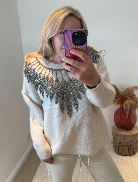 Sequin Feather Detail Jumper | Cream