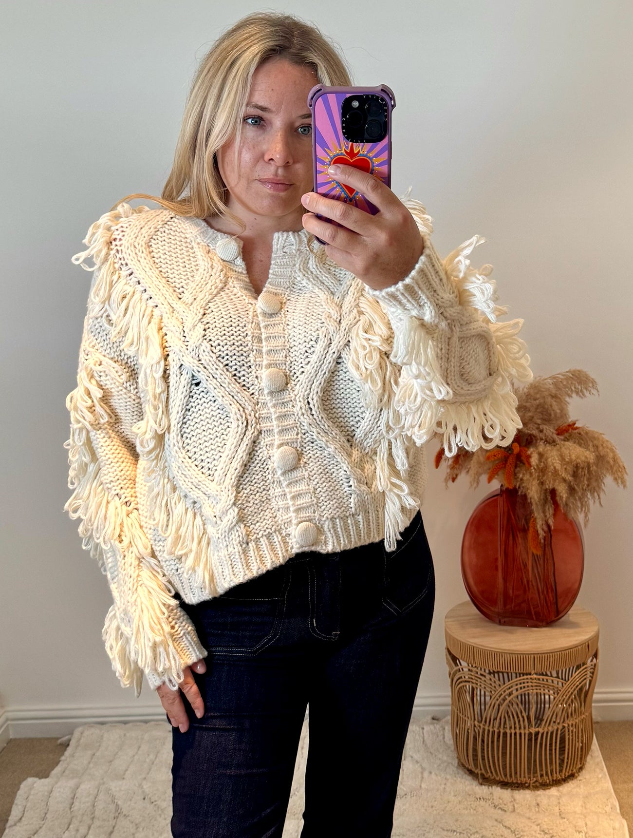 Chunky Knit Shaggy Detail Cardigan | Cream