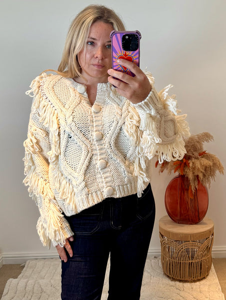 Chunky Knit Shaggy Detail Cardigan | Cream