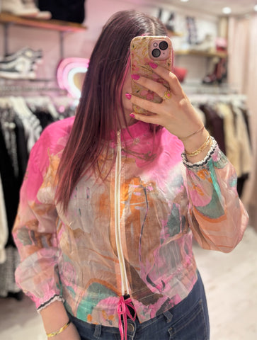 Sheer Abstract Print Bomber Jacket | Pink Multi