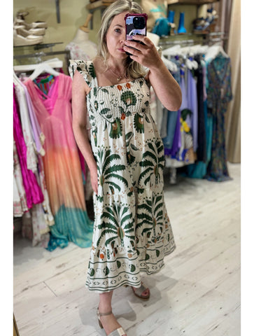 Palm Boho Tiered Midaxi Dress | Khaki