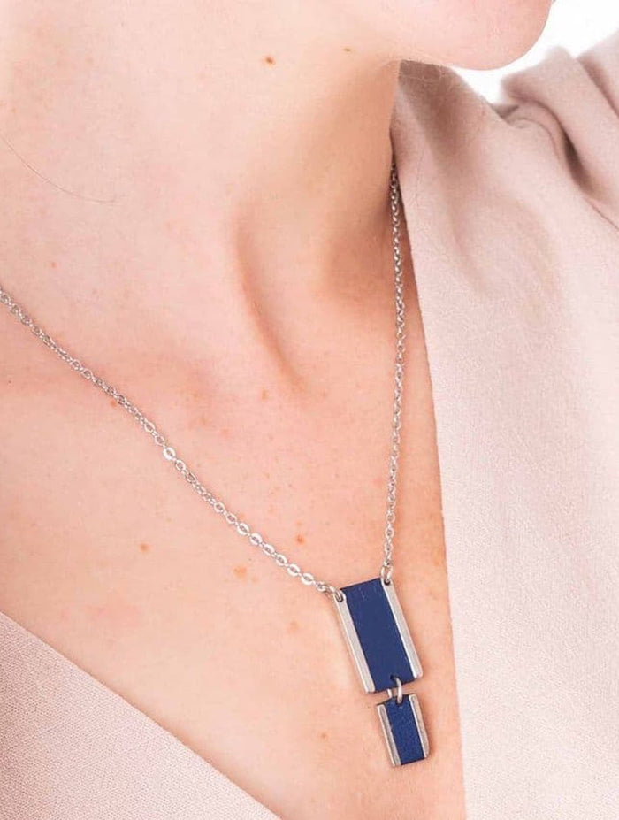 Short Double Rectangle Feature Necklace with Leather Inlay | Blue