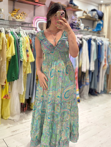 Indian Silk Paisley Capped Sleeve Tiered Dress | Mint Multi