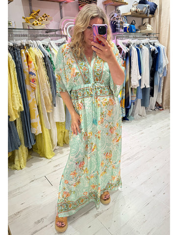 Silk Kimono Sleeve Maxi Dress | Aqua Multi