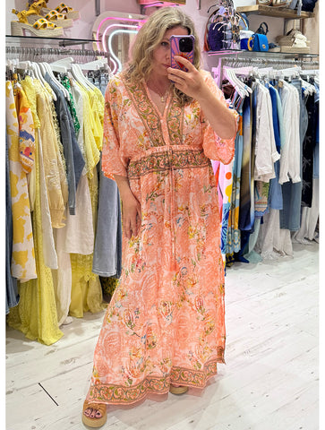 Silk Kimono Sleeve Maxi Dress | Peach Multi