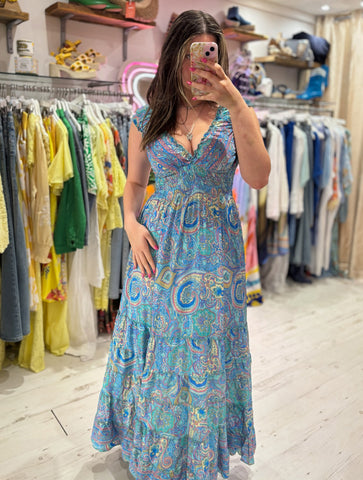 Indian Silk Paisley Capped Sleeve Tiered Dress | Turquoise Multi