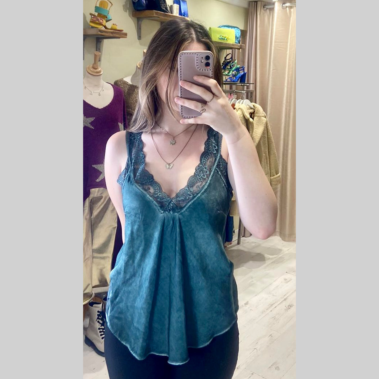 Layla Lace Silky Camisole | Dark Emerald