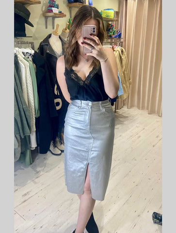 Metallic Stretch Denim Midi Skirt (Shorter Length) | Silver