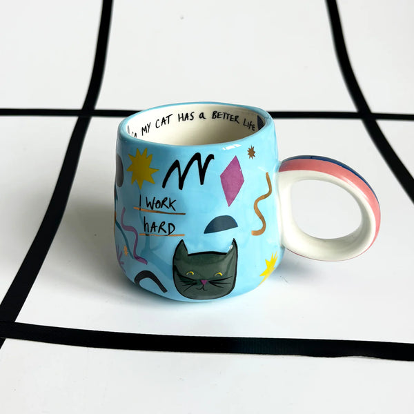 Small Talk 'I Work Hard' Cat Mug