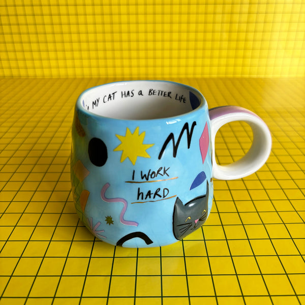 Small Talk 'I Work Hard' Cat Mug