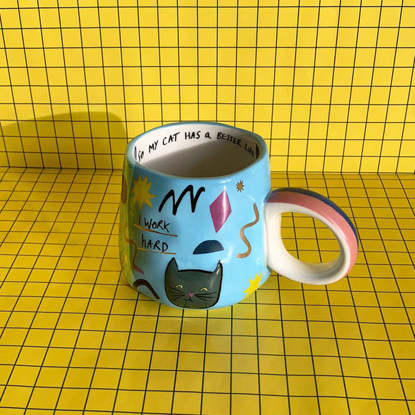 Small Talk 'I Work Hard' Cat Mug