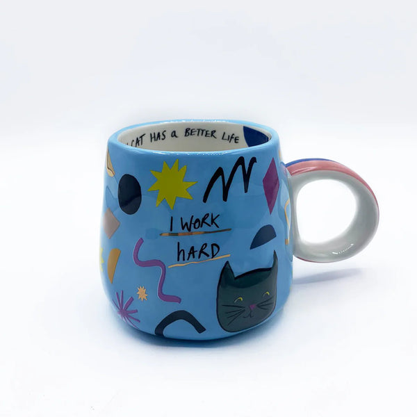 Small Talk 'I Work Hard' Cat Mug