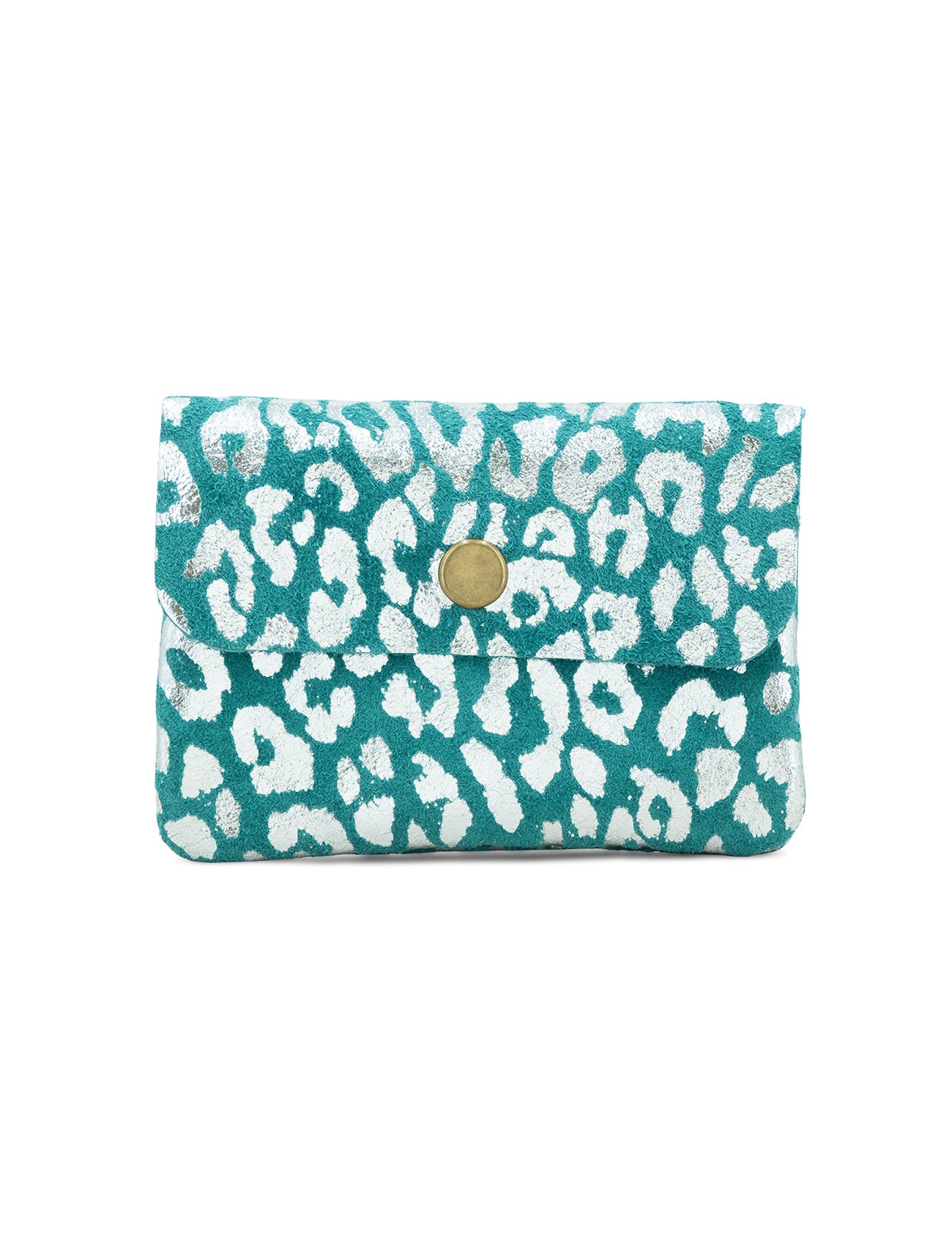 Small Suede Metallic Leopard Button Purse | Teal Blue/Silver