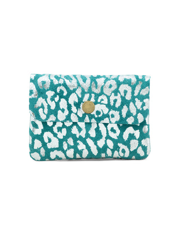 Small Suede Metallic Leopard Button Purse | Teal Blue/Silver