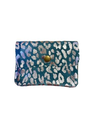 Small Suede Metallic Leopard Button Purse | Denim Blue/Silver