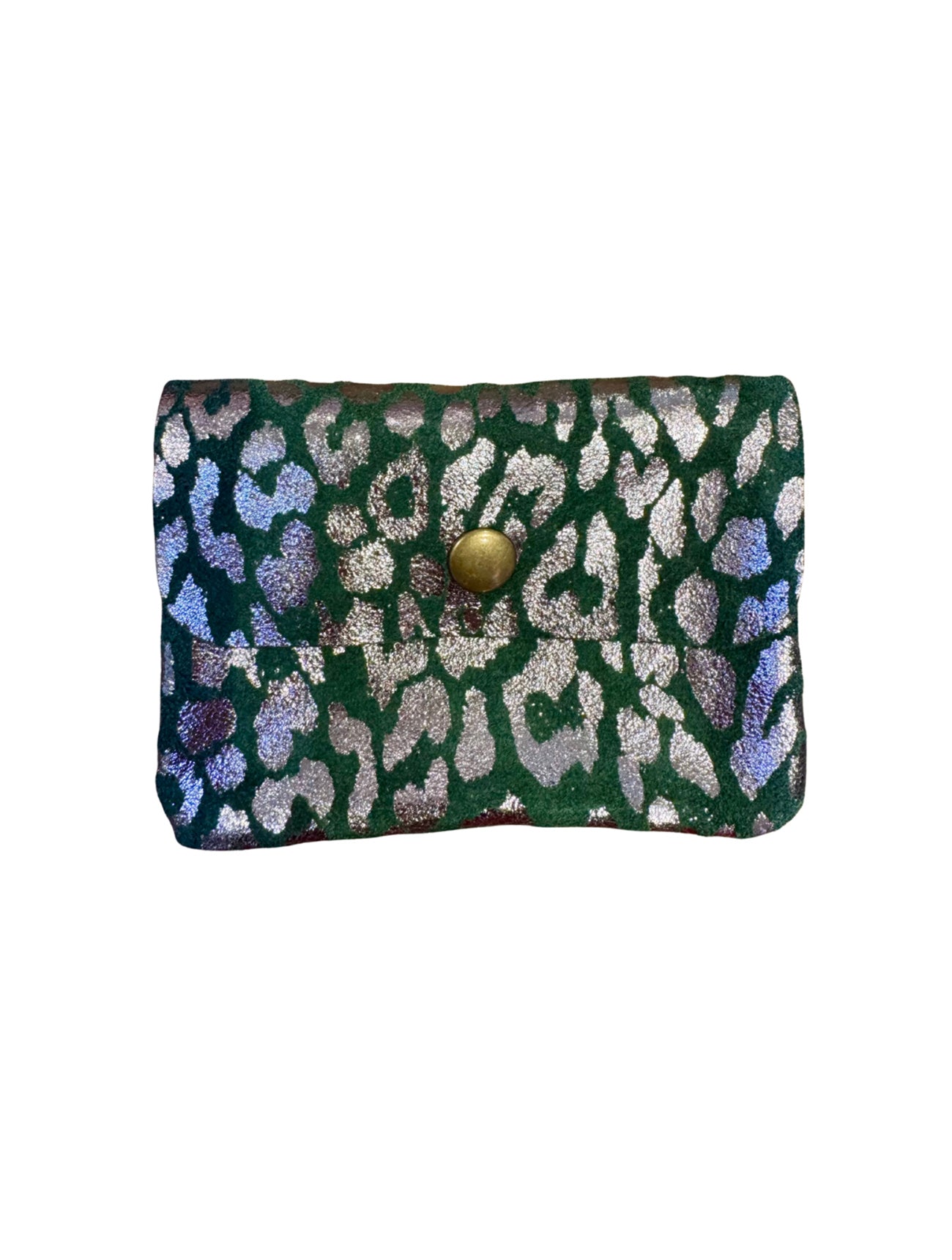 Small Suede Metallic Leopard Button Purse | Forest Green/Silver