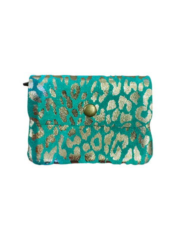 Small Suede Metallic Leopard Button Purse | Jade/Gold