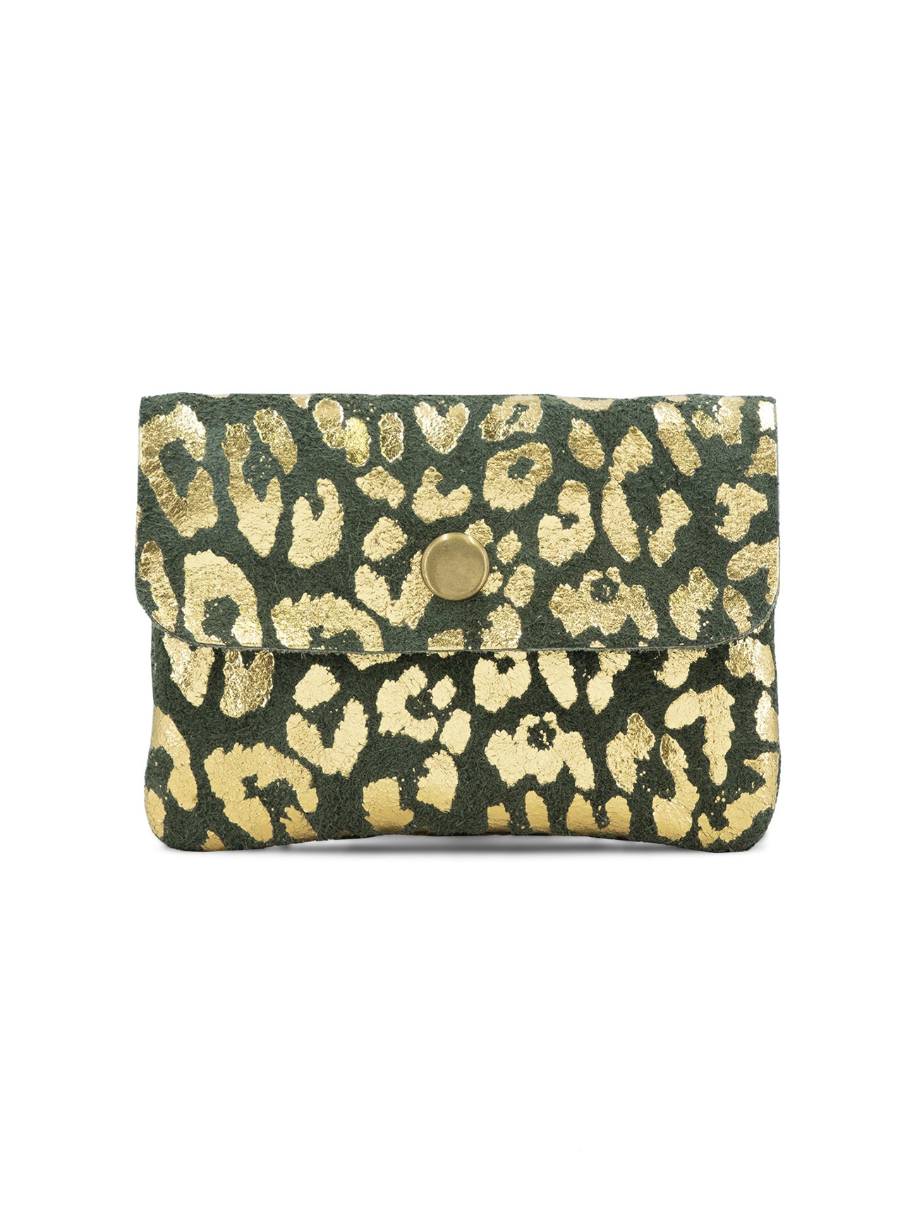 Small Suede Metallic Leopard Button Purse | Olive Green/Gold