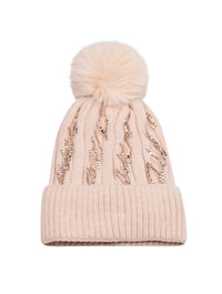 Diamante Detail Bobble Hat | Blush Beige
