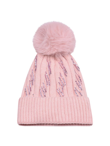 Diamante Detail Bobble Hat | Pale Pink