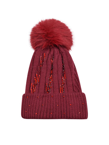 Diamante Detail Bobble Hat | Burgundy