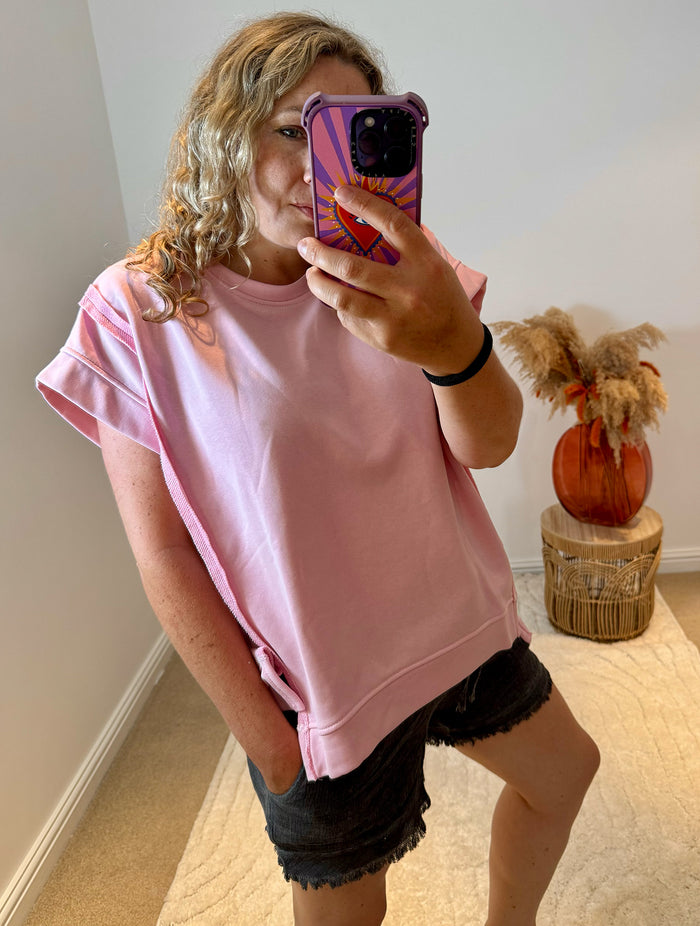 Raw Edge Short Sleeved Sweatshirt | Light Pink