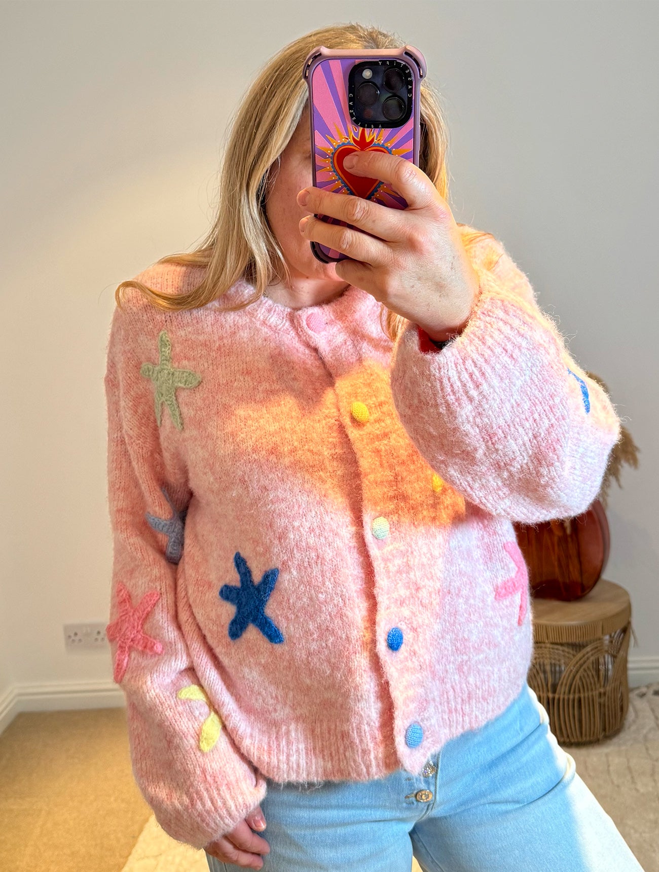 Starfish Design Round Neck Cardigan | Dusky Pink