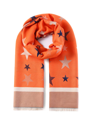 Luxurious Double Sided Jacquard Star Print Scarf | Orange/Navy