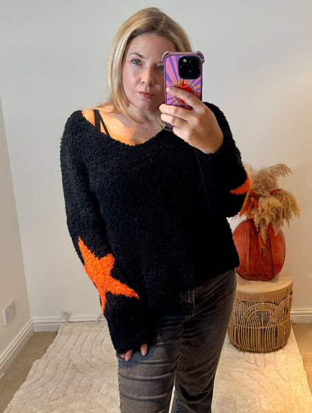 Star Sleeve Popcorn Knit Jumper | Black/Orange