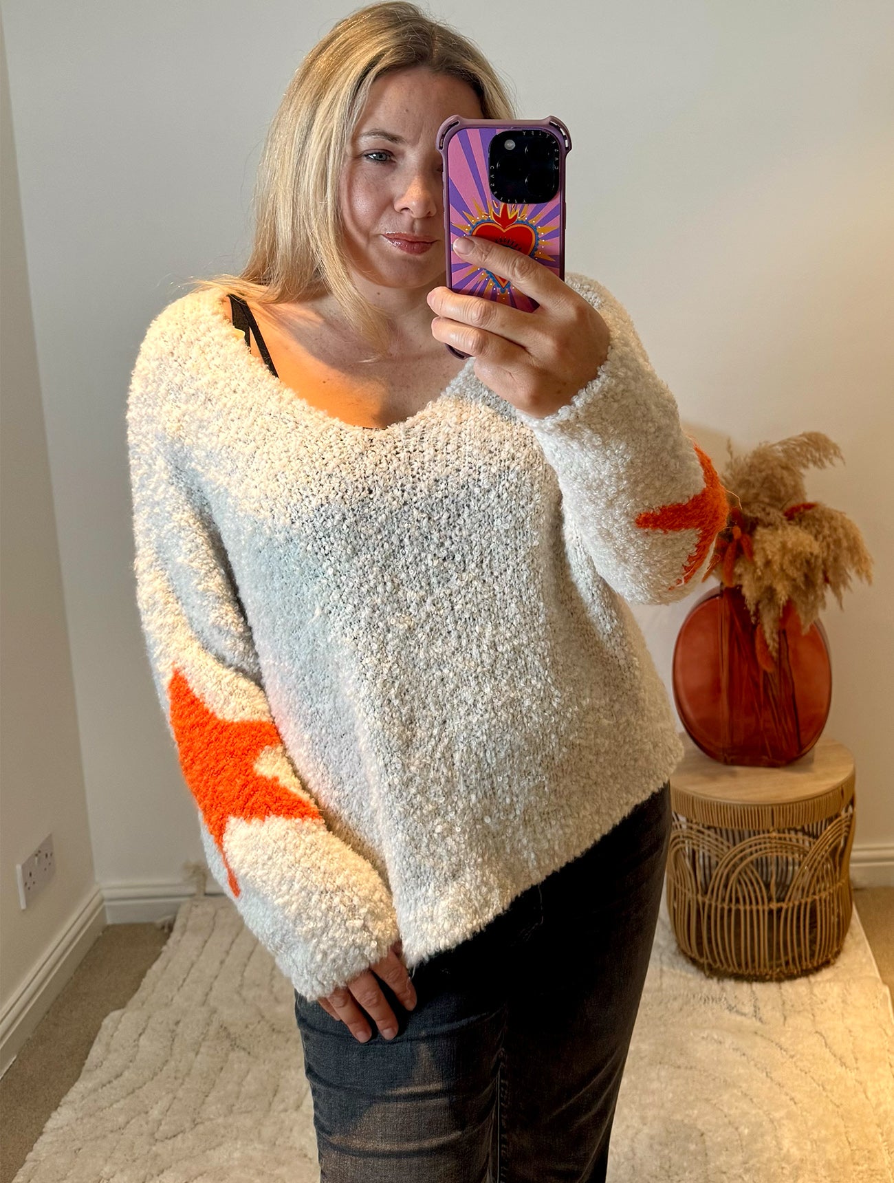 Star Sleeve Popcorn Knit Jumper | Cream/Orange