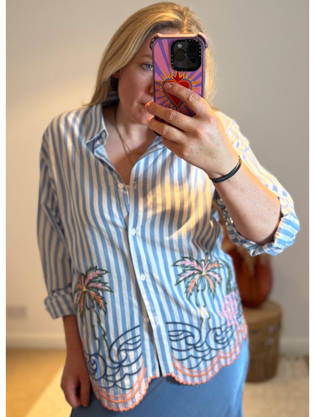 Embroidered Stripe Scalloped Hem Shirt | Blue