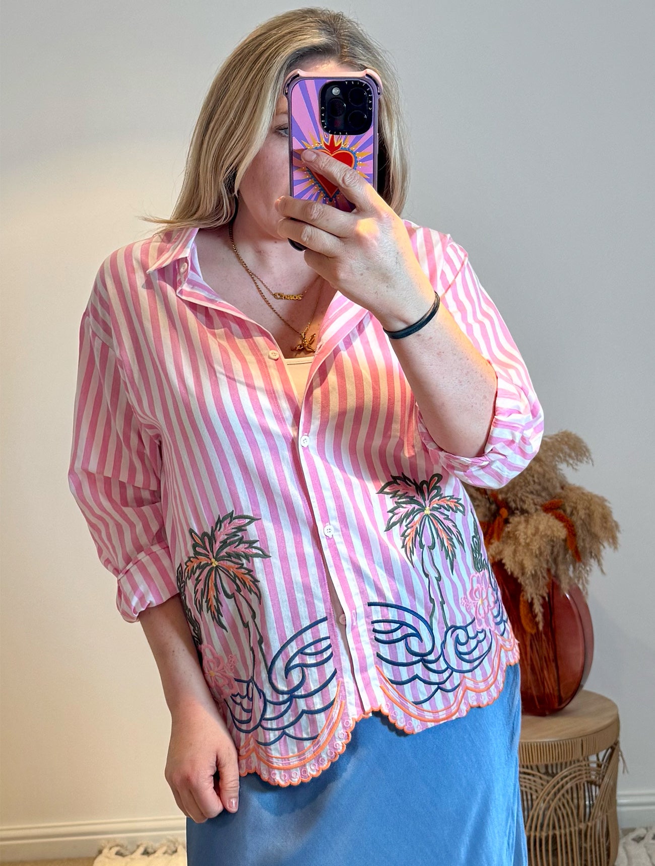 Embroidered Stripe Scalloped Hem Shirt | Pink