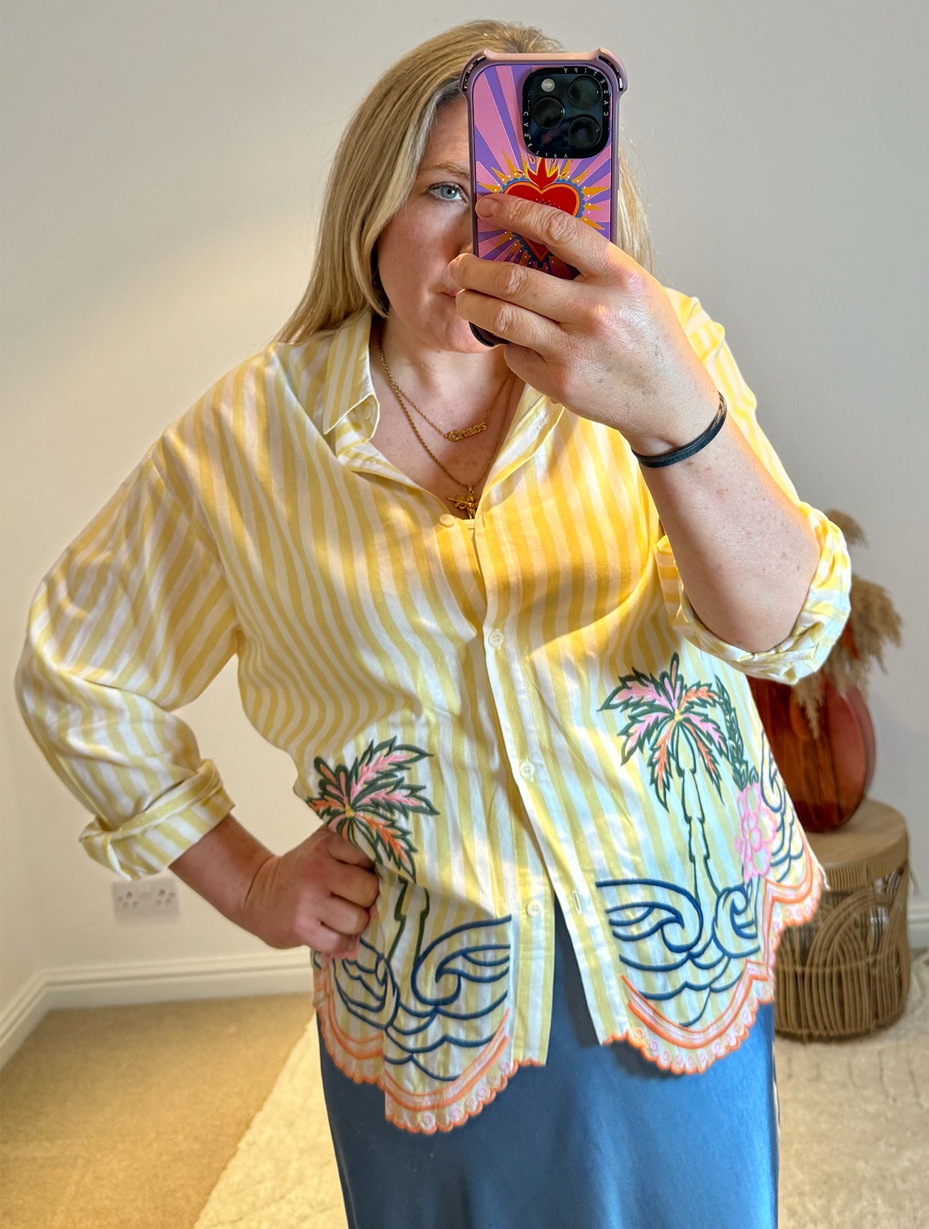 Embroidered Stripe Scalloped Hem Shirt | Yellow