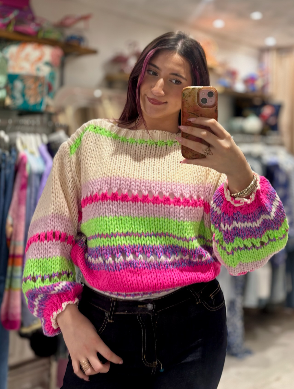 Bright Chunky Knit Striped Sweater | Cream/Lilac/Lime