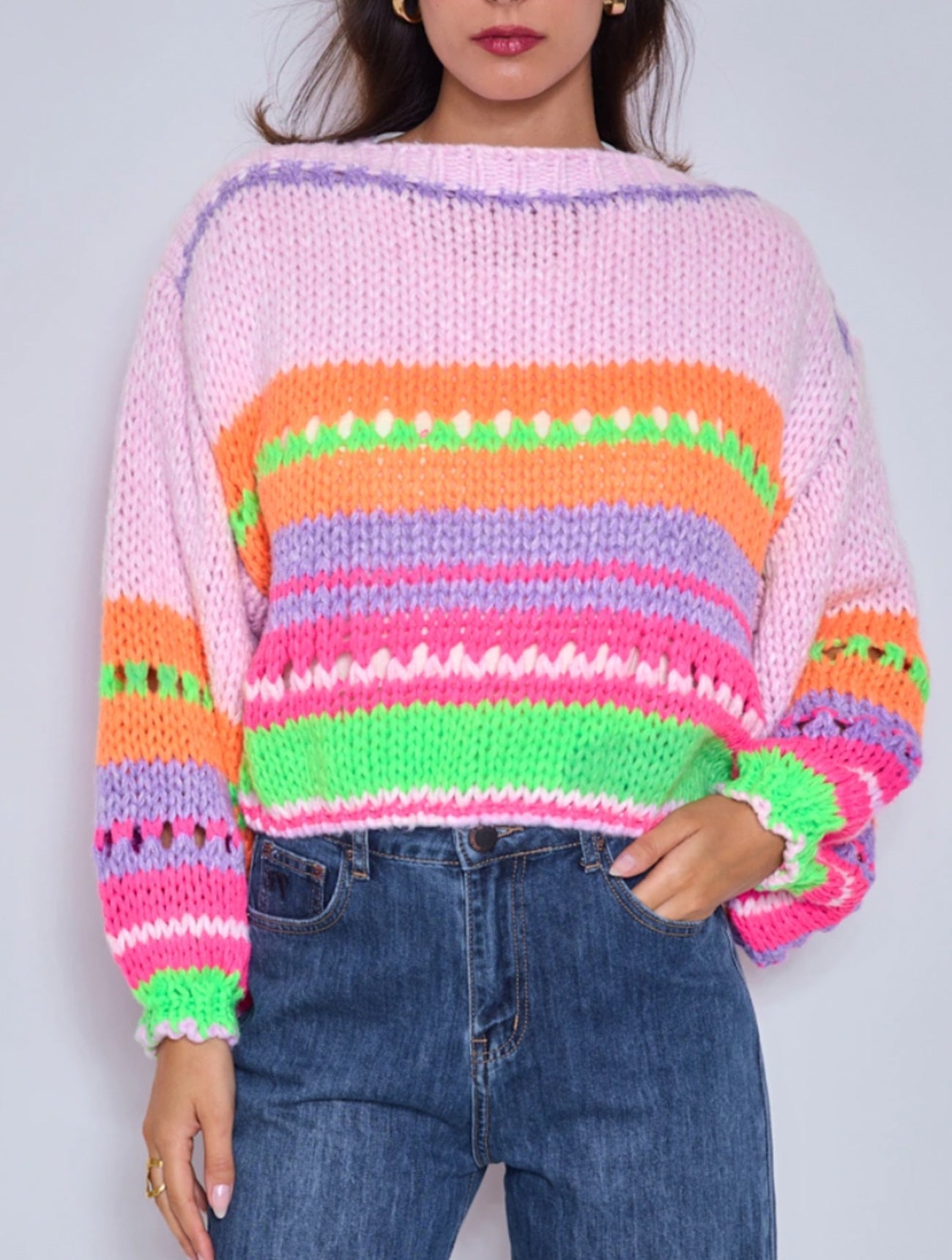 Bright Chunky Knit Striped Sweater | Pink Multi