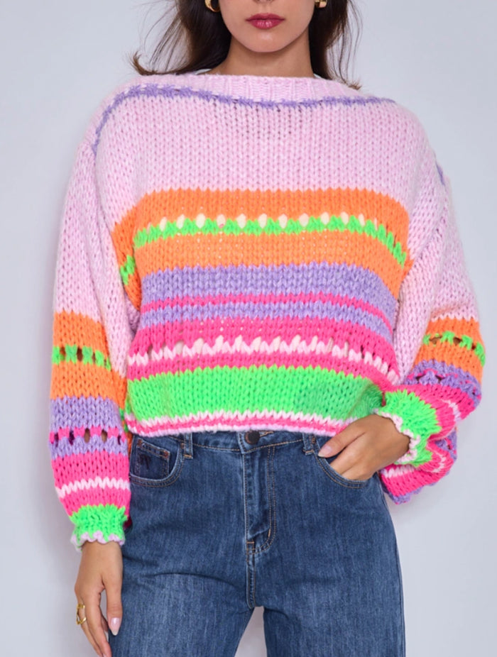 Bright Chunky Knit Striped Sweater | Pink Multi