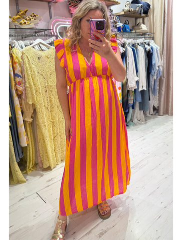Fruit Salad Stripe Frill Sleeve Cotton Cheesecloth Dress | Pink/Orange