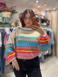 Bright Chunky Knit Striped Sweater | Cream/Green Multi